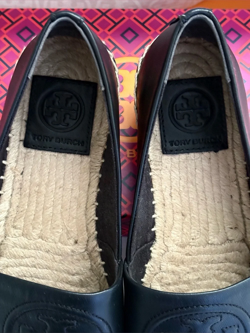 Tory Burch Benton Black Leather Espadrille Slip-Ons with Logo Medallion Size 5